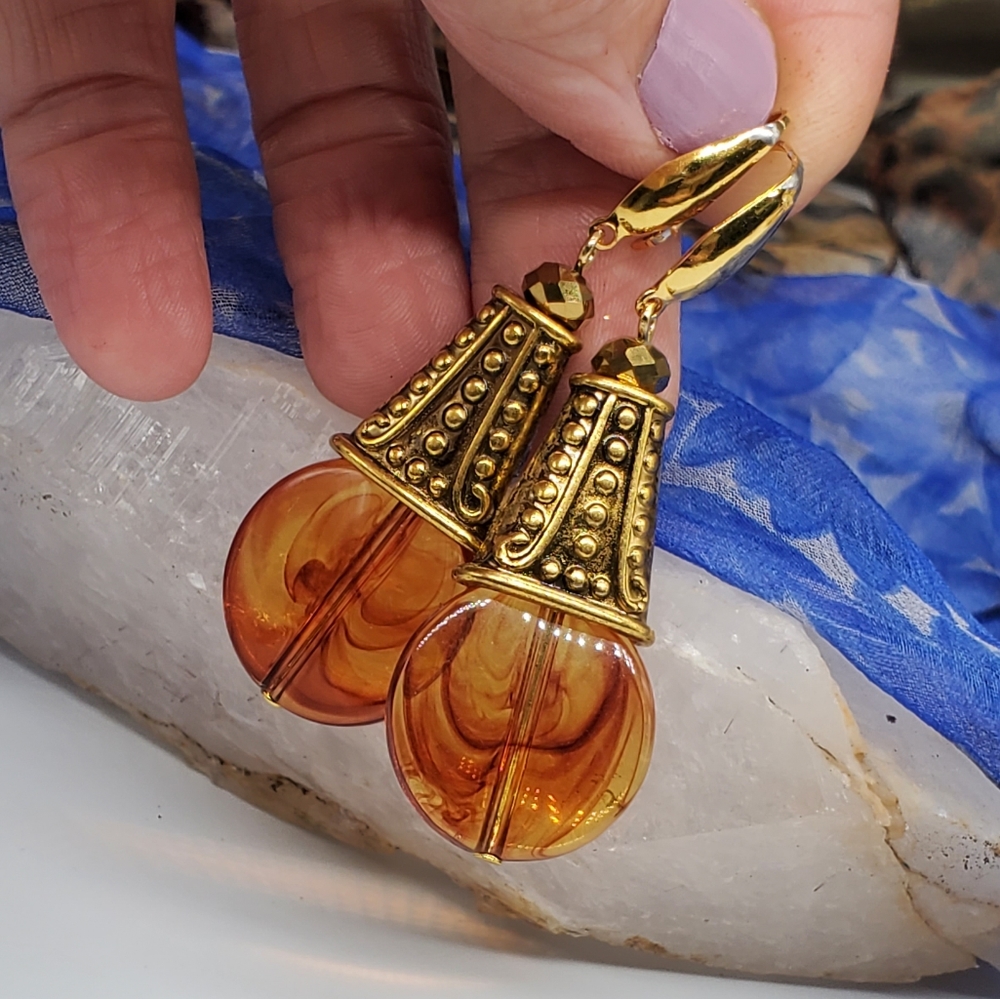 ❤️ Dangling Gold Earrings Resin Amber Honey Color Beads Hypoallergenic Hooks - Picture 7 of 11